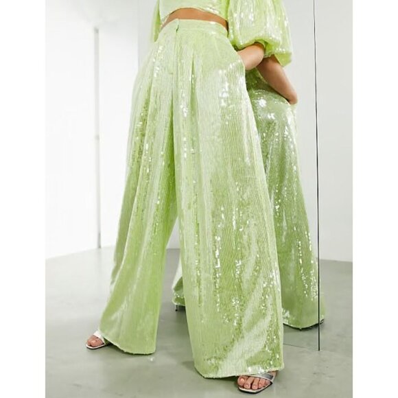 ASOS Edition Wide Leg Sequin Pants in Green - Picture 2 of 4